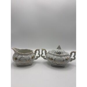 Lefton China 20120 Sugar Bowl and Creamer Set Vintage Gold Wheat Hand Painted